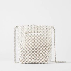 Zara Pearl-Embellished White Crossbody Bag